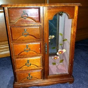 Vintage Wooden Jewelry Cabinet / Box with Window